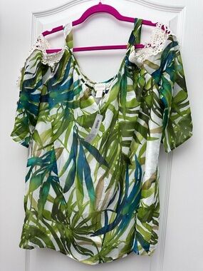 Chico's Green and Blue Palm-Print Cold-Shoulder Blouse with Crochet